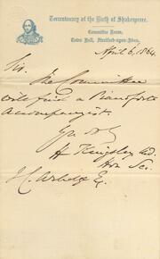 Letter from secretary of the Shakespearian Tercentenary Festival Committee to J. Churchill Arlidge