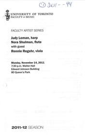 Faculty artist series : Judy Loman, harp ; Nora Shulman, flute with guest Rennie Regehr, viola