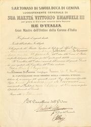 Gran Mastro dell'Ordine della corona d'Italia = Grand Master of the Order of the crown of Italy : certificate
