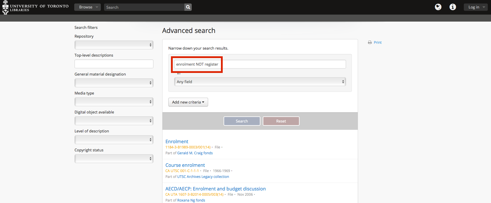 Advanced Search NOT